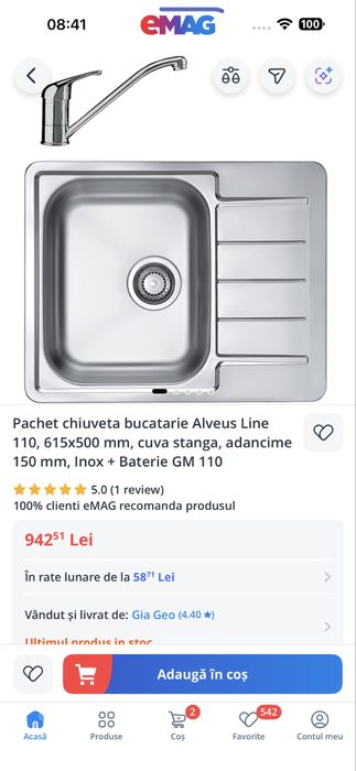 Pachet chiuveta bucatarie Alveus Line 110 Inox + Baterie GM 110
