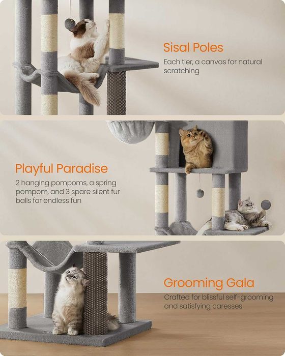 Ansamblu de joaca pentru pisici 175 cm, Feandrea, gri