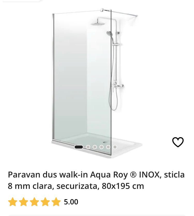 NOU Paravan dus walk-in Aqua Roy ® INOX, sticla 8 mm clara, securizata