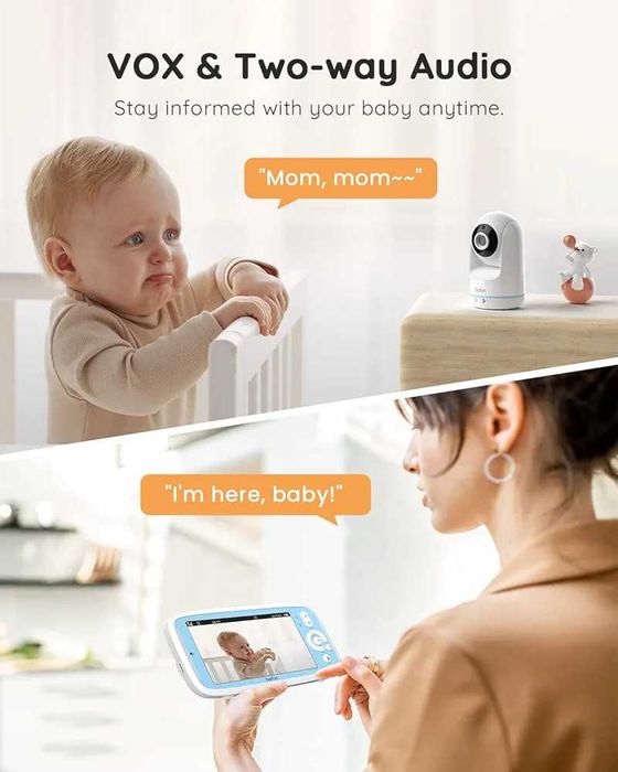 Бебефон BOIFUN VB805 с 300 метра обхват, 5 инча, IPS, без Wi-Fi, PTZ..