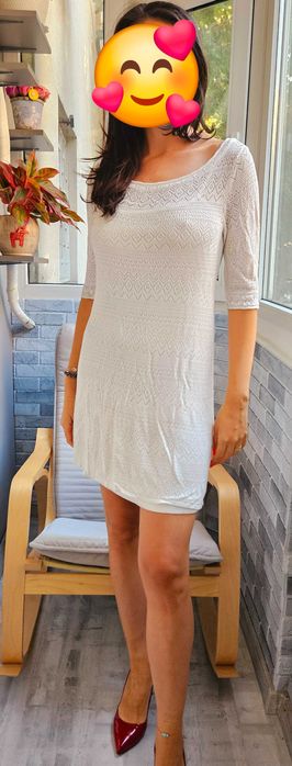 Rochie midi din țesătură subțire, decolteu rotund, mânecă scurtă, S-M