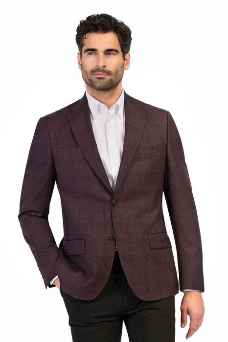 Sacou blazer slim 52 XL premium Bigotti NOU lana 100% carouri grena