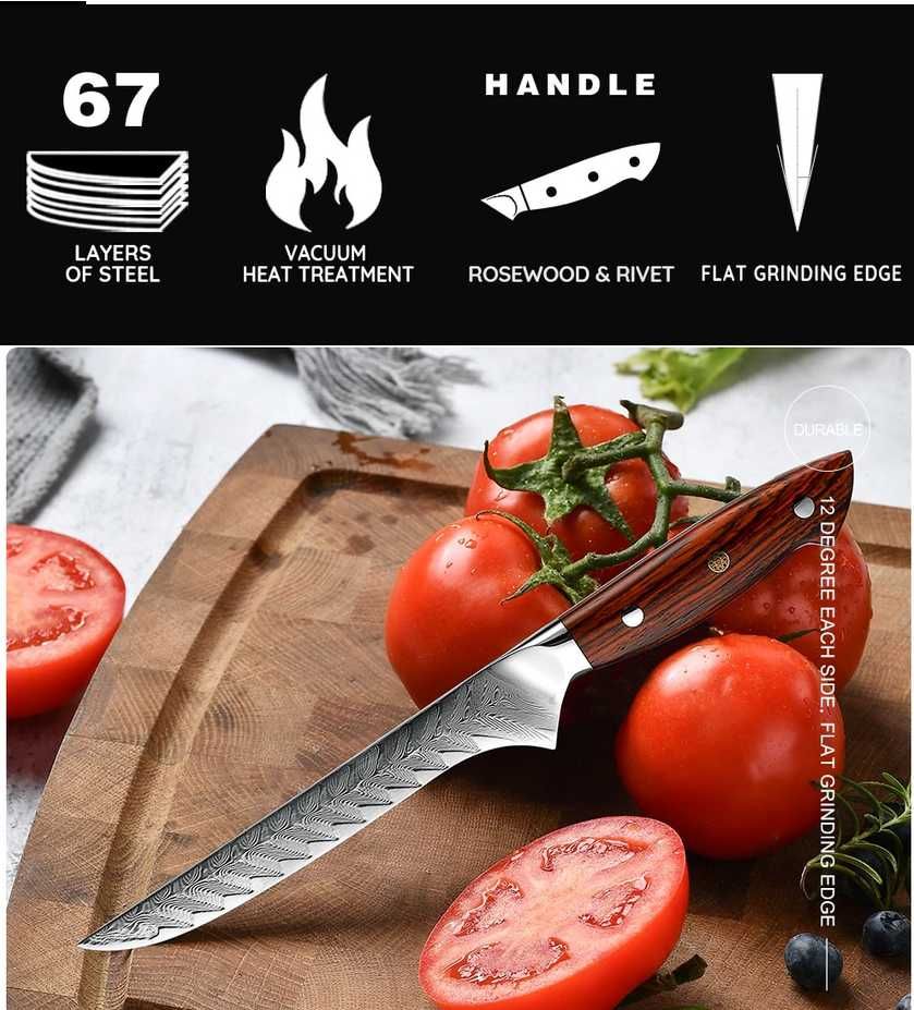 Cutit traditional japonez tip boning, otel Damasc, teaca piele