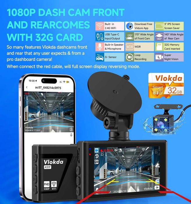 Dash Cam отпред и отзад, 1080P WiFi/APP контрол, 32GВ, WDR, G-сензор