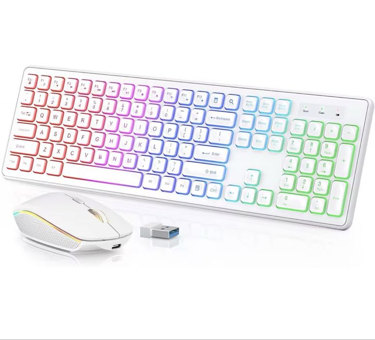 Kit mouse si tastatura RGB wireless USB C alb