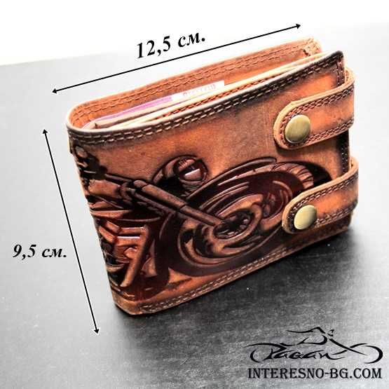 Рокерски портфейл от естествена кожа SKULL (red)