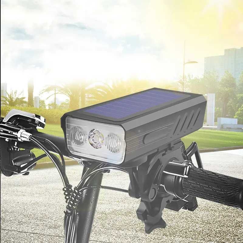 Соларен фар за велосипед с 3*T6 диода, сирена 120dB, 3000Lm