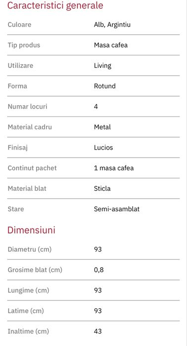 Masuta cafea rotunda Lorian, alba cu balt din sticla 93 cm