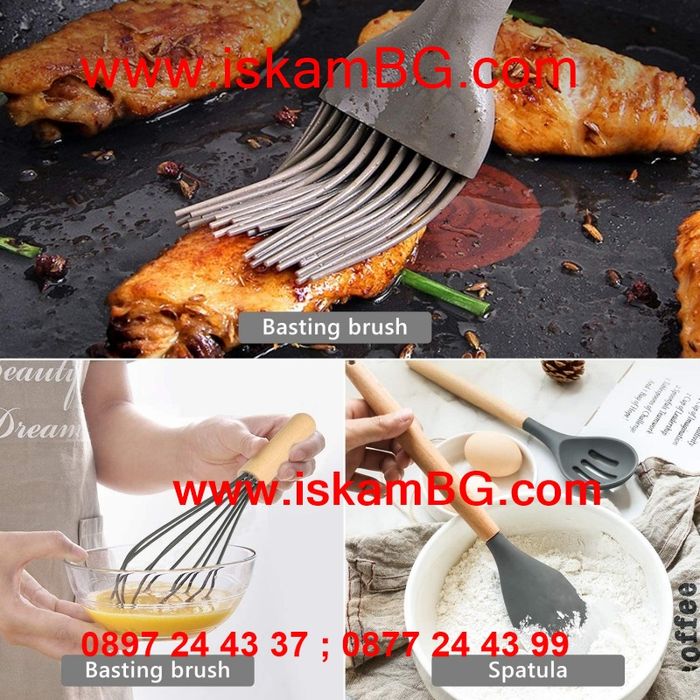 Комплект от 11 броя силиконови кухненски прибори за готвене с поставка