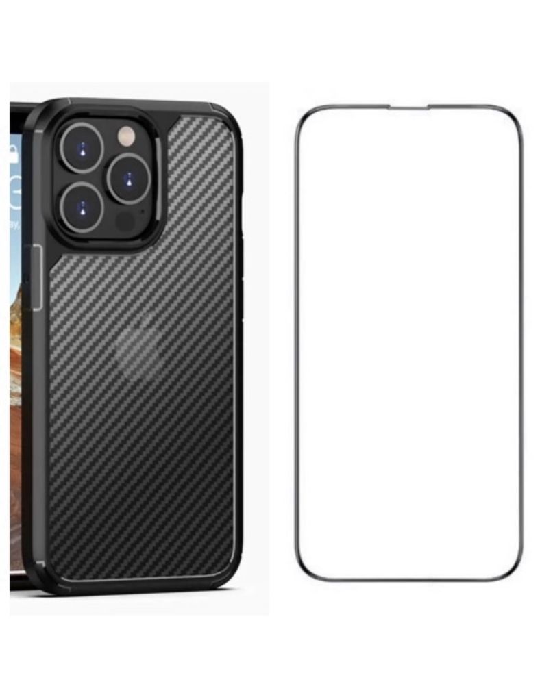 Husa Carbon Clear Back si Folie Sticla Trend Iphone 13/14/PRO/MAX/PLUS