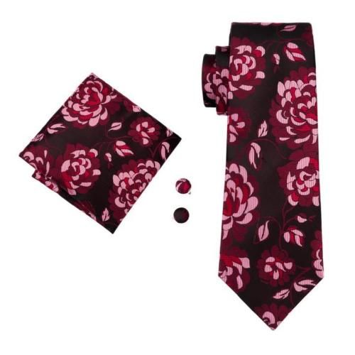 Set cravata matase butoni+batista model floral+ cutie cadou