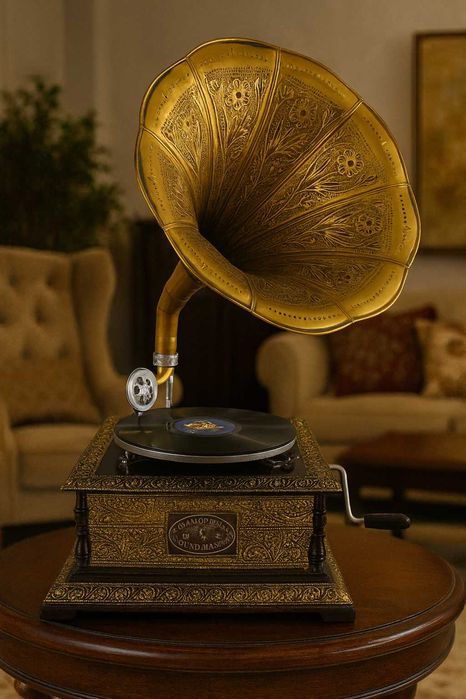 Gramofon patrat din lemn, lucrat manual, H. 66 cm, -36% discount