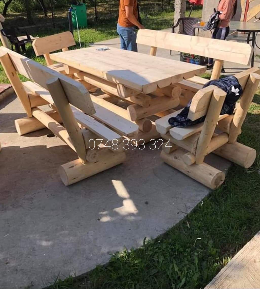 Mobilier  rustic  set masa cu băncuțe scaune lemn masiv