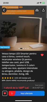 Veioza led birou/noptiera,incarcare wifi, alb/argintiu