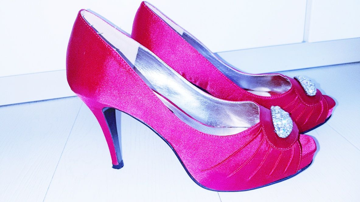 Pantofi cu cristale peep-toe, satin roz-ciclam