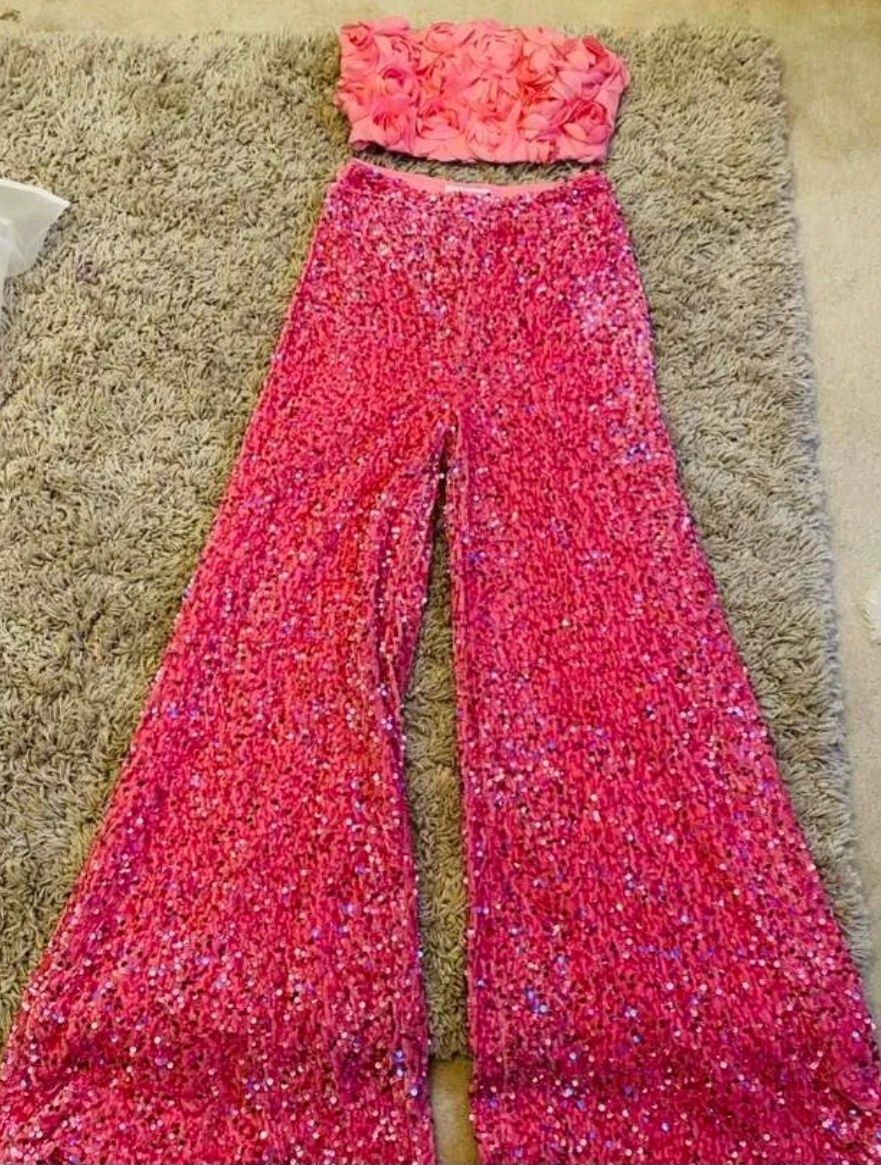 Set compleu pantaloni si top roz paiete S eveniment petrecere