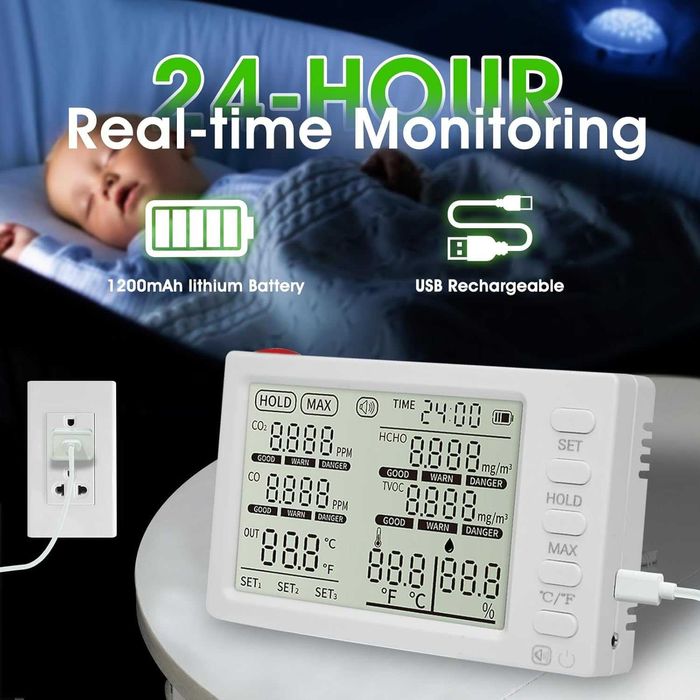 Kethvoz 8 в 1 Монитор за качество на въздуха на закрито с външна сонда
