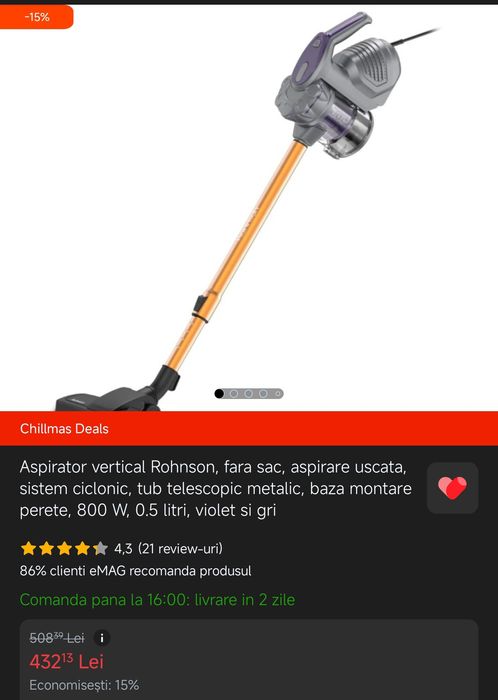 Aspirator vertical rohnson cu fir 800w