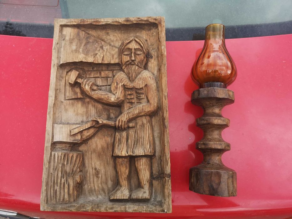 sculptura lemn fierar, lampa lemn cu lumanare