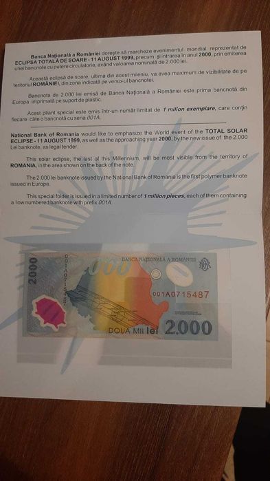 Bancnote 2000 lei Eclipsa Totala de Soare prima serie(001A) din 1999
