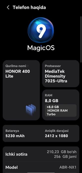 Honor 400 Lite 5G, 8x256, 108MP Ajoyib AI kamera, Amoled display