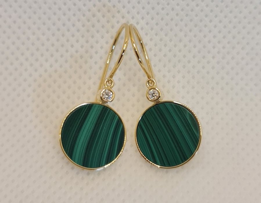 Cercei aur 14k diamante malachit natural