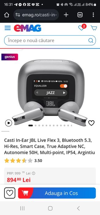 Casti In-Ear JBL Live Flex 3, Bluetooth 5.3, Hi-Res, Smart Case, True