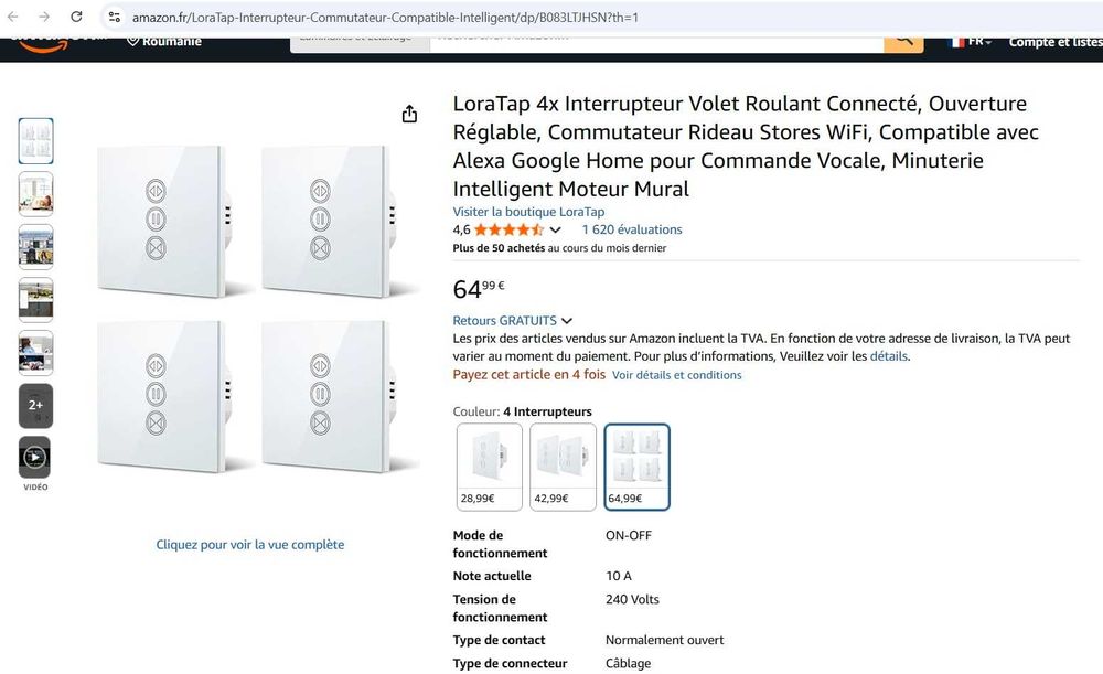 Comutator rulouri LoraTap 4x WiFi, compatibil cu Alexa Google Home