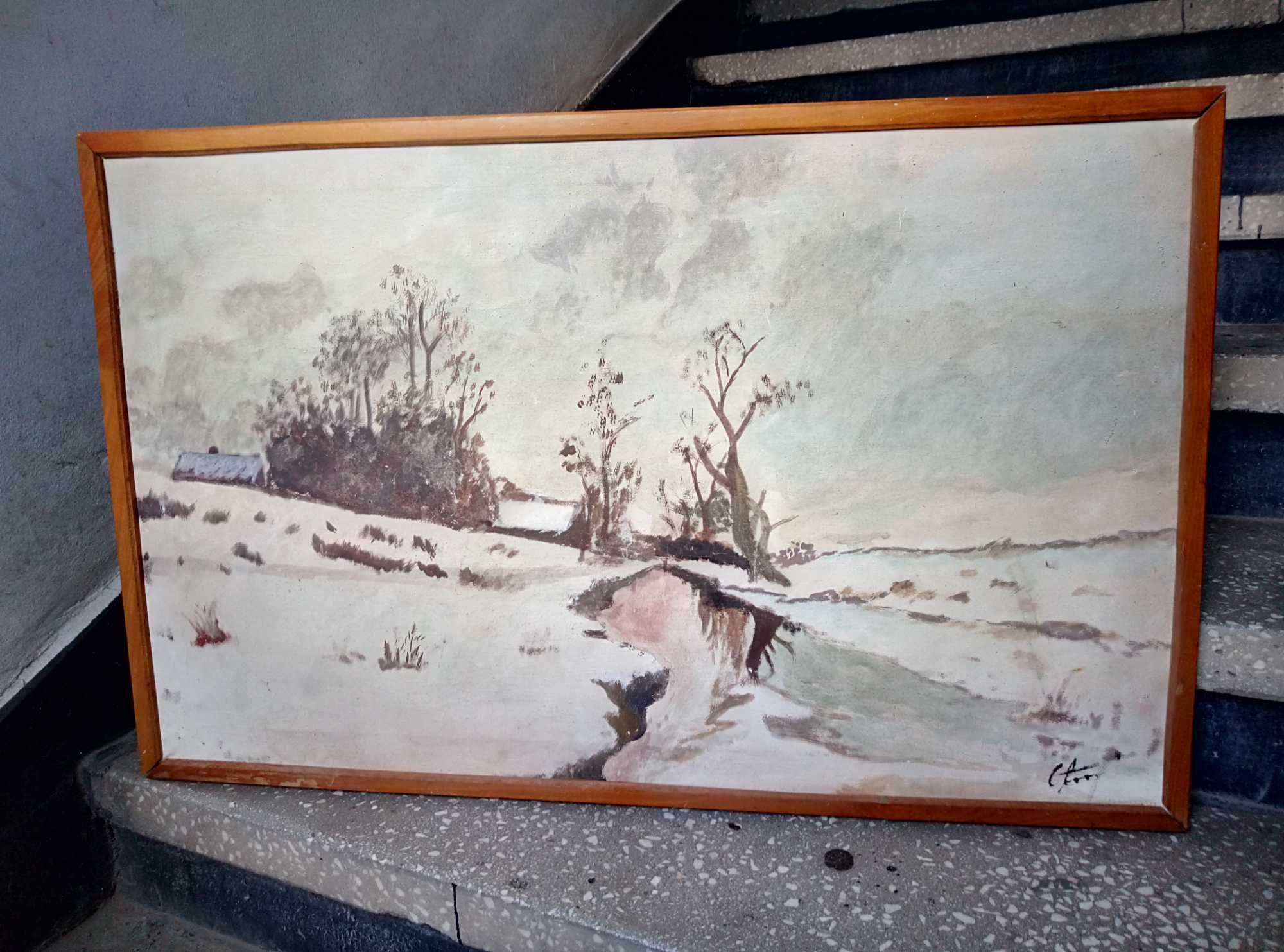 Стара Авторска Българска МАСЛЕНА КАРТИНА Зимен Пейзаж 80/50см