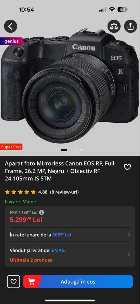 Aparat foto Mirrorless Canon EOS RP, Full-Frame