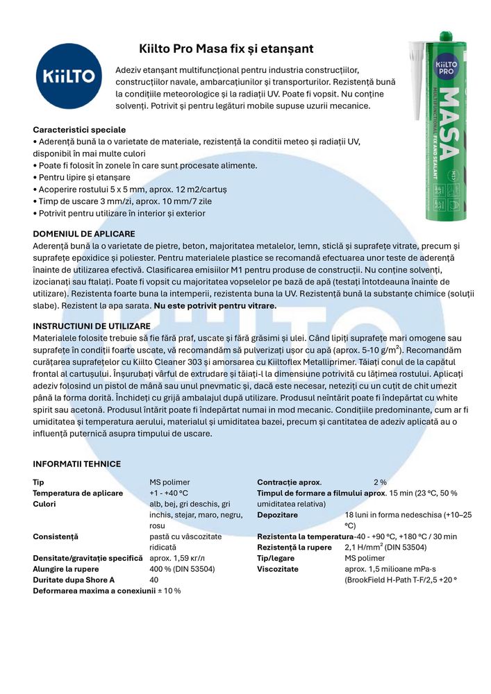 Adeziv ermetic Kiilto Pro Masa 290ml
