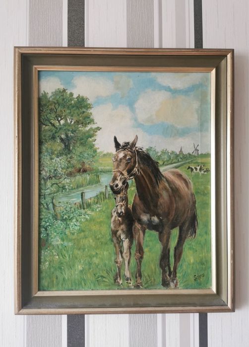Антикварна картина летен пейзаж коне кобила жребче маслени бои платно