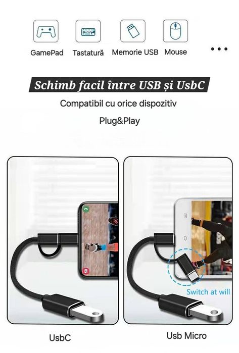 Adaptor/Cititor date 2in1 Usb la UsbC/Micro. Citește Stick USB+HD.