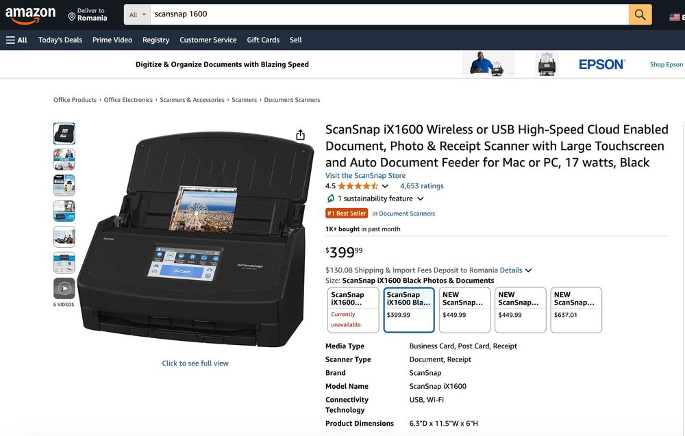 Scanner full duplex Fujitsu Ricoh ScanSnap iX1600