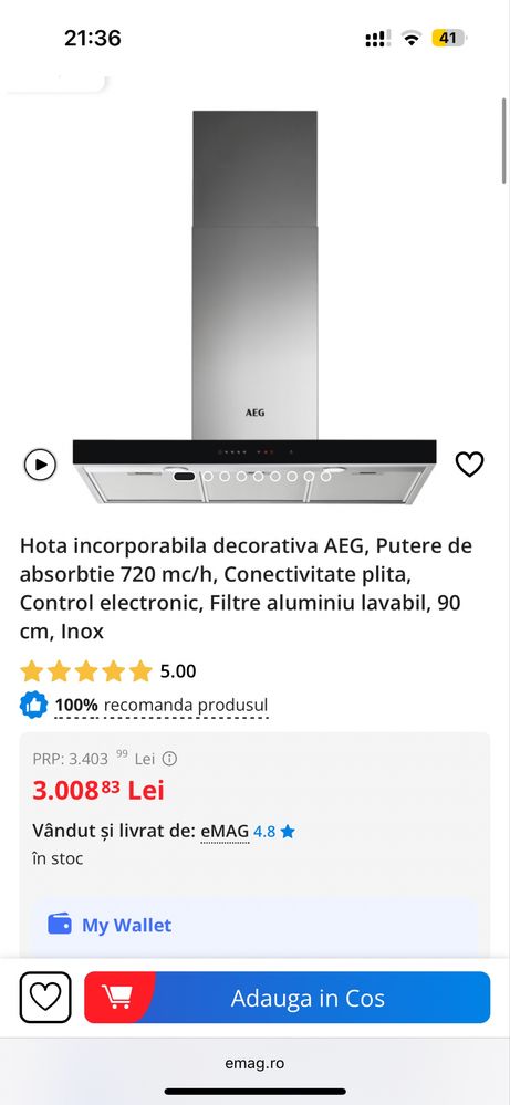 Hota incorporabila decorativa AEG noua