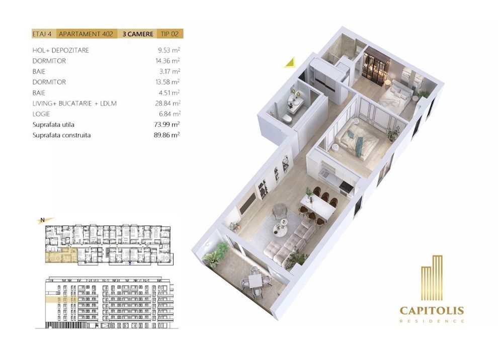 Apartament cu 3 camere, etaj 4, Capitolis Residence