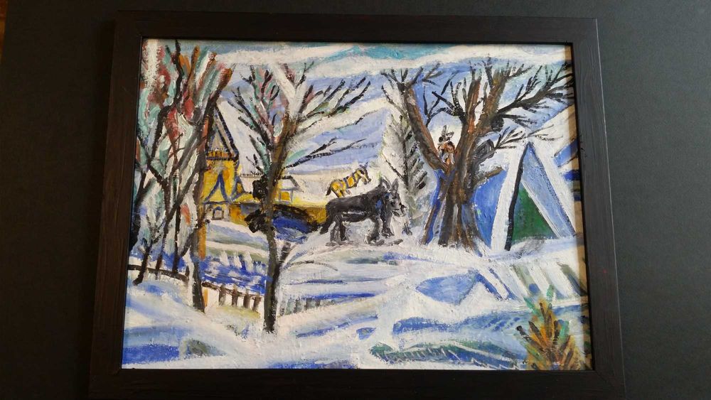 Красива зимна картина, рисувана с маслени бои на фазер.