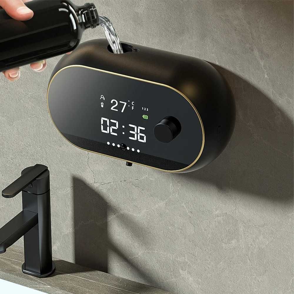 Dozator Automat Sapun Lichid, negru, afisaj temp, ora, fara atingere