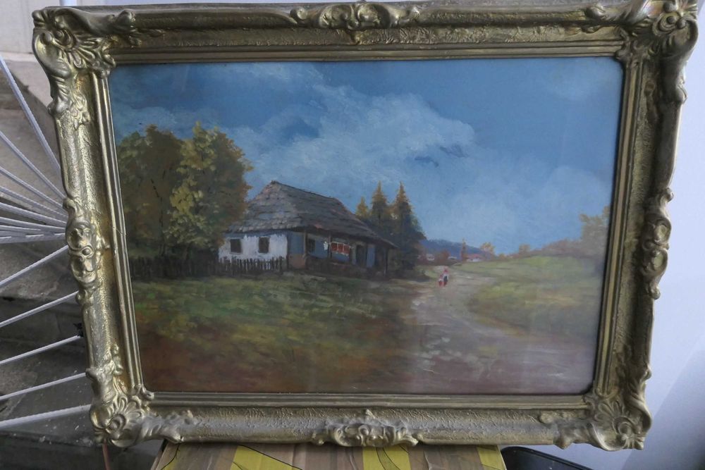 Tablou Peisaj de Iarna/ Casa Ulei pe Carton 70/50cm Semnat Rama Lemn