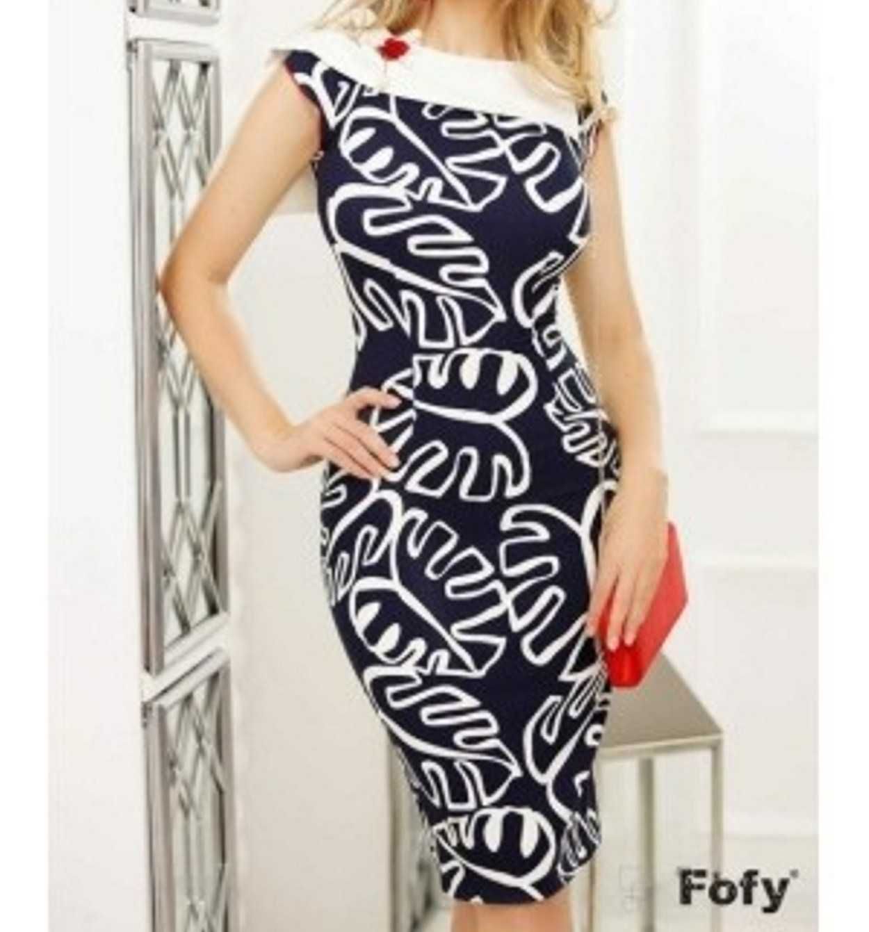 Rochie Fofy bleumarin cu imprimeu frunze