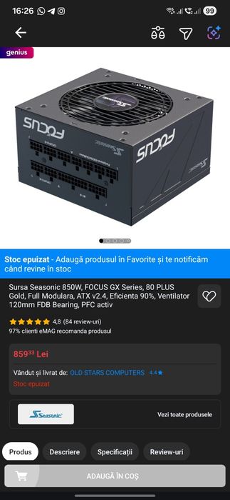 Sursa Seasonic 850W, FOCUS GX Series, 80 PLUS Gold, Full Modulara, ATX