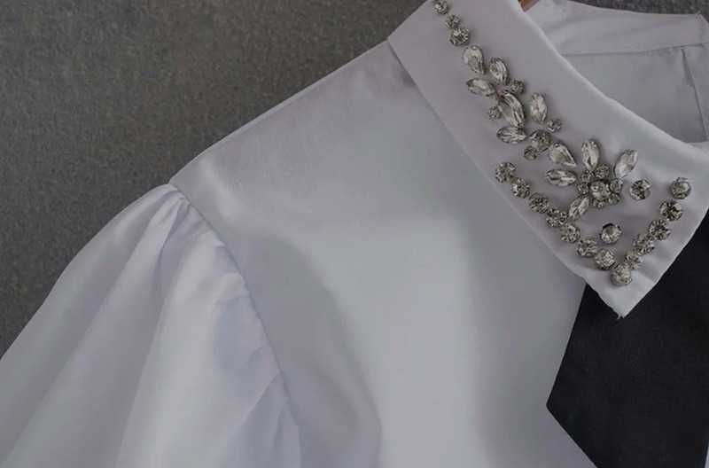 Camasa zara cu umeri bufanti, fundita la gat strasuri decorative