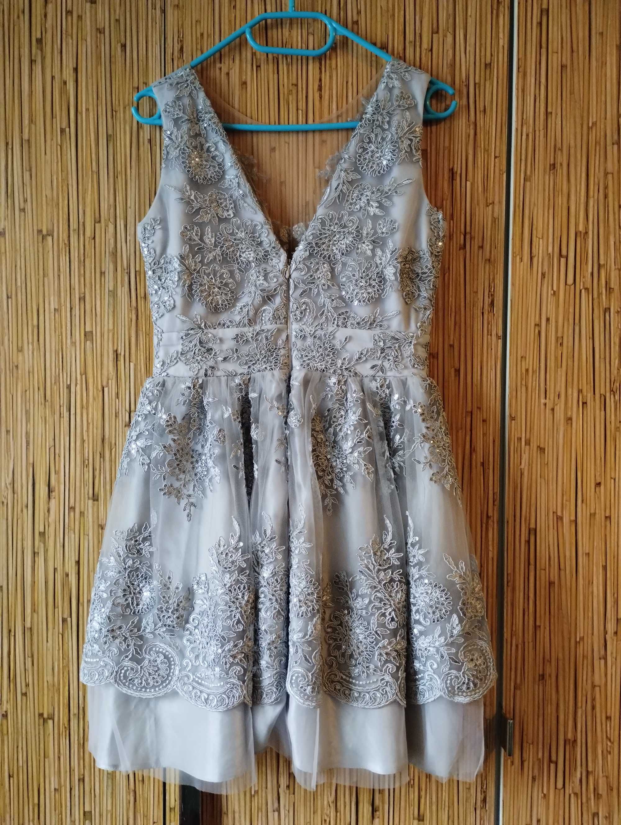 Rochie cu broderie Gri metalic  sclipici