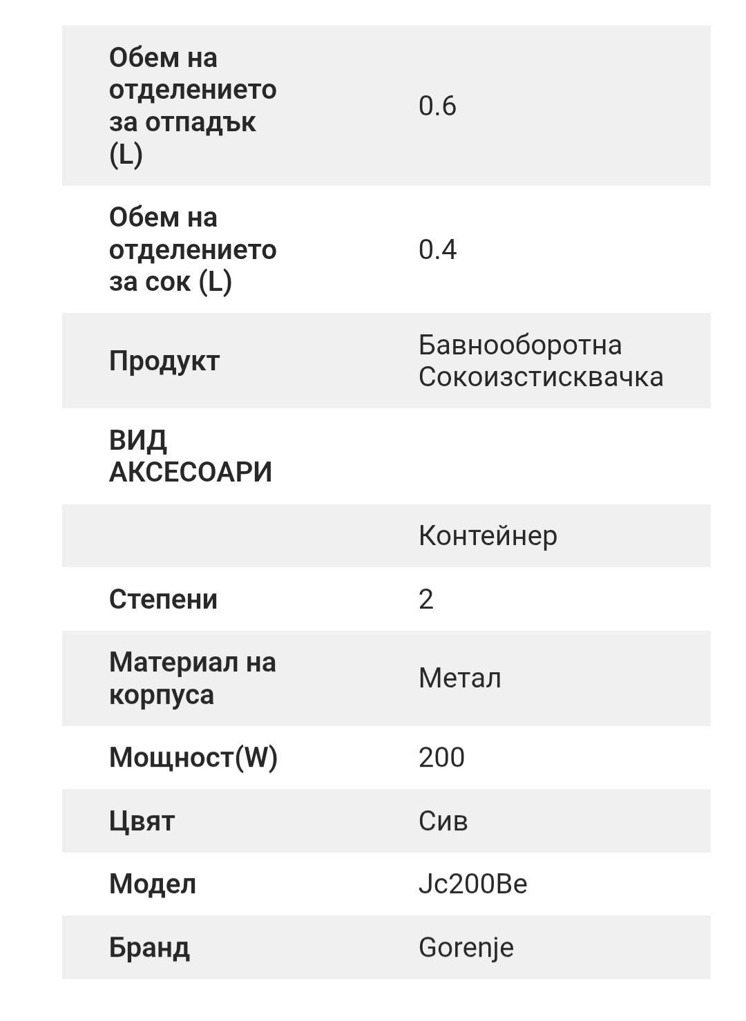 Бавнооборотна сокоизстисквачка GORENJE JC200BE