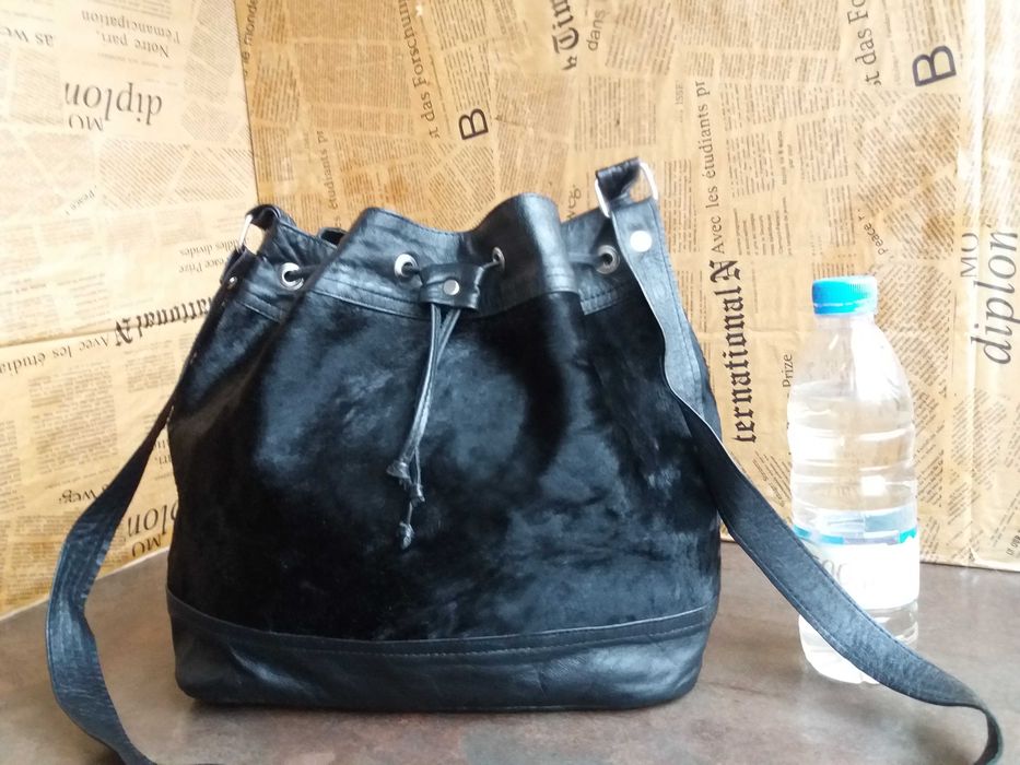 дамска чанта,черна малка кожена торба-естествена кожа и косъм