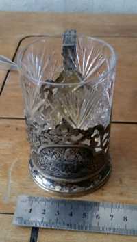 Подстаканник серебряный с хрустальным стаканом 875 проба 35 грамм Сов