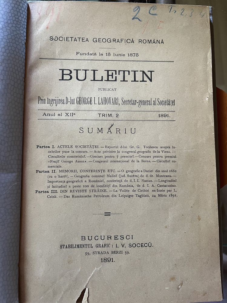 Princeps ,Societatea Geografică Română , George Lahovari , 1891