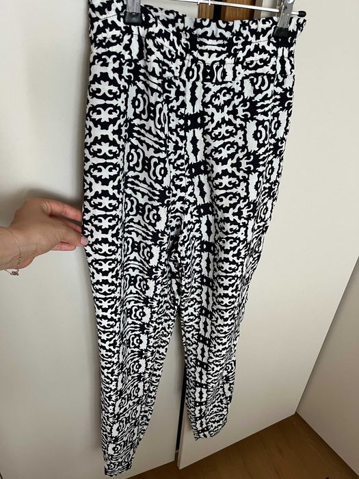 Mango летен дамски панталон с висока талия в синьо и бяло с връзки