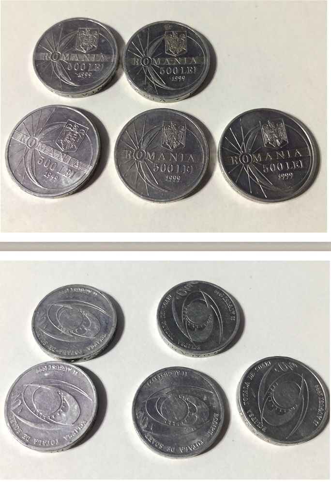 Lot 5 monede de 500 lei eclipsă soare 1999 + 5 bancnote