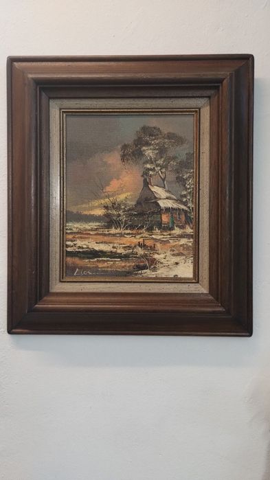 Красива картина, зимен пейзаж. Масло.